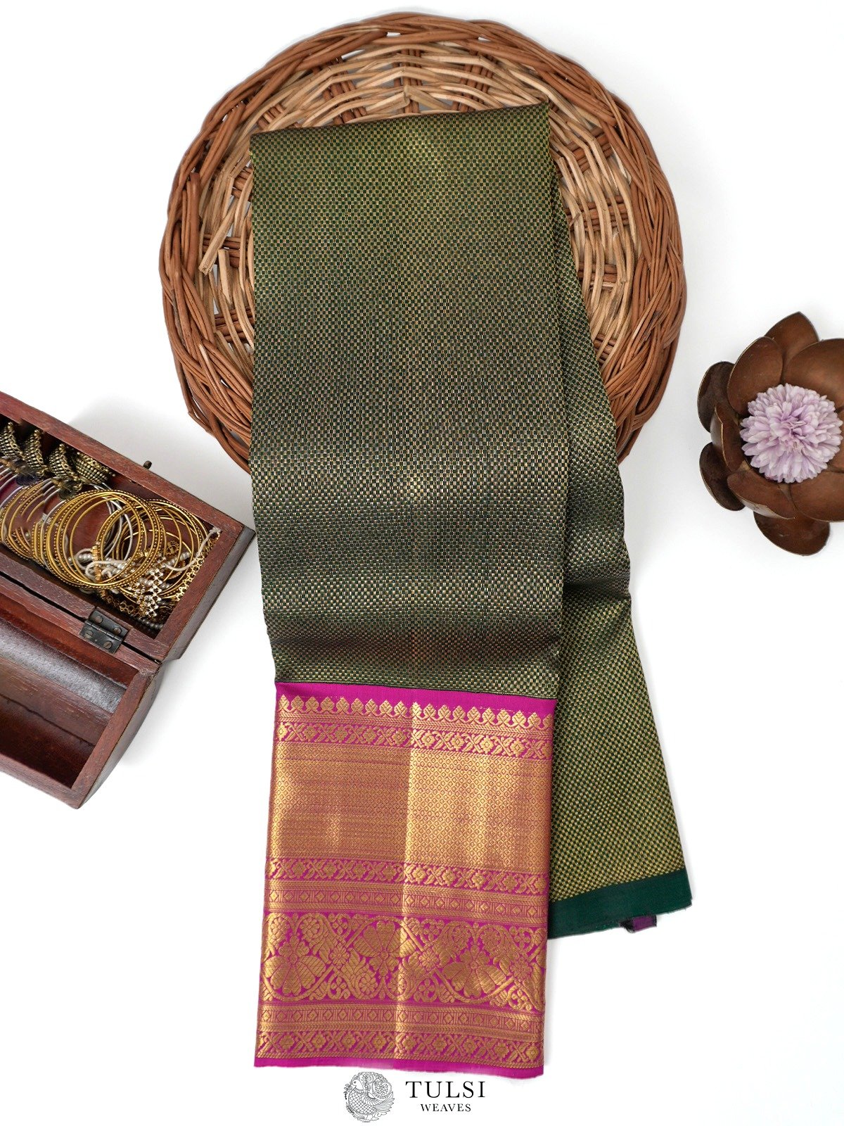 Bottle Green Kanjeevaram Silk Pavadai with Rani Pink Border