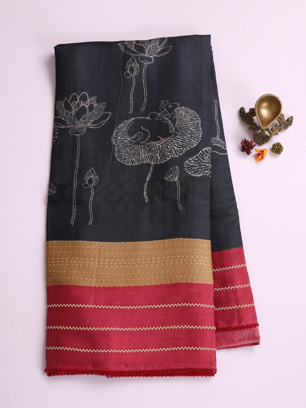 Dark Grey Printed Tussar Silk Saree With Red Embroidered Border