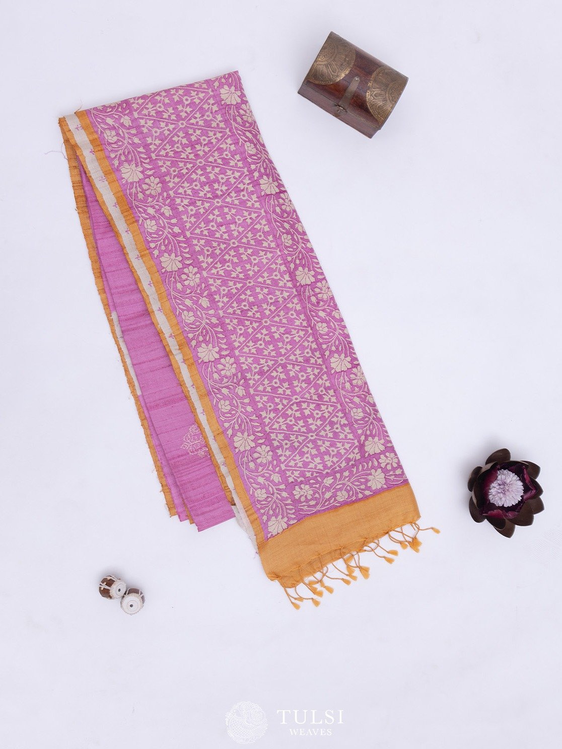 Neon Pink Tussar Silk Saree with Kantha Embroidery