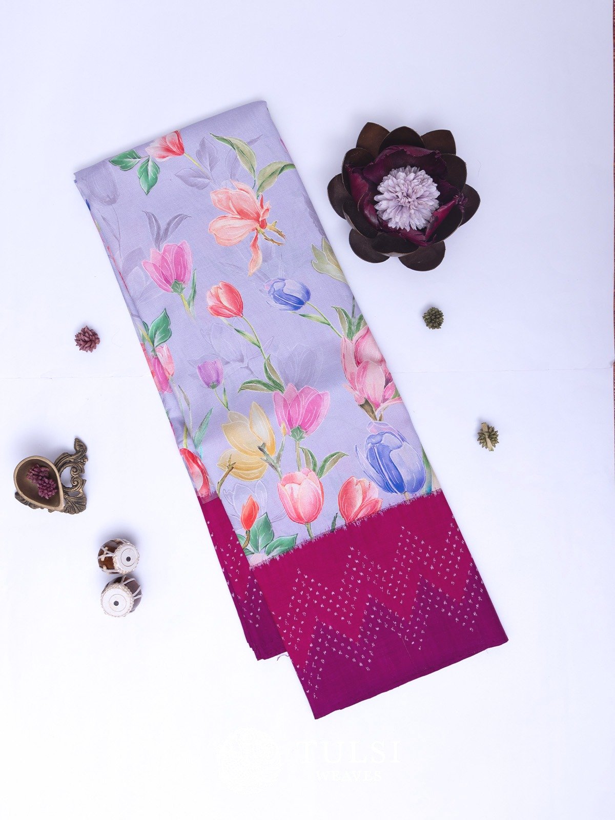 Lavender Printed Kanjeevaram Silk Saree with Ikat Border