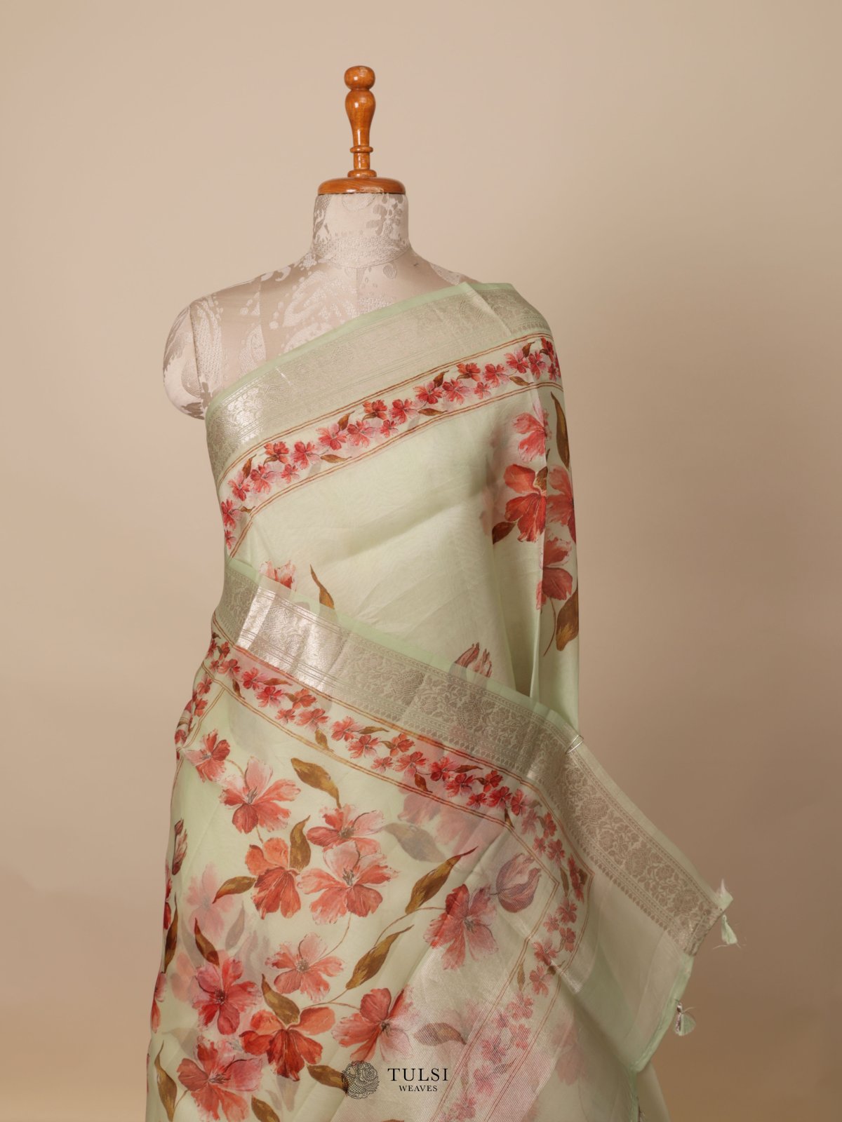 Paste Green Floral Printed Organza Silk Saree 