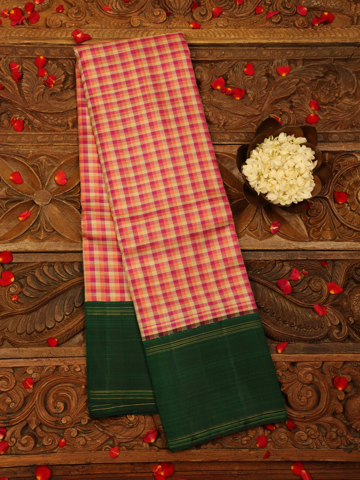 Multicolour Kanjeevaram Silk Saree With Dark Green Bodi Border