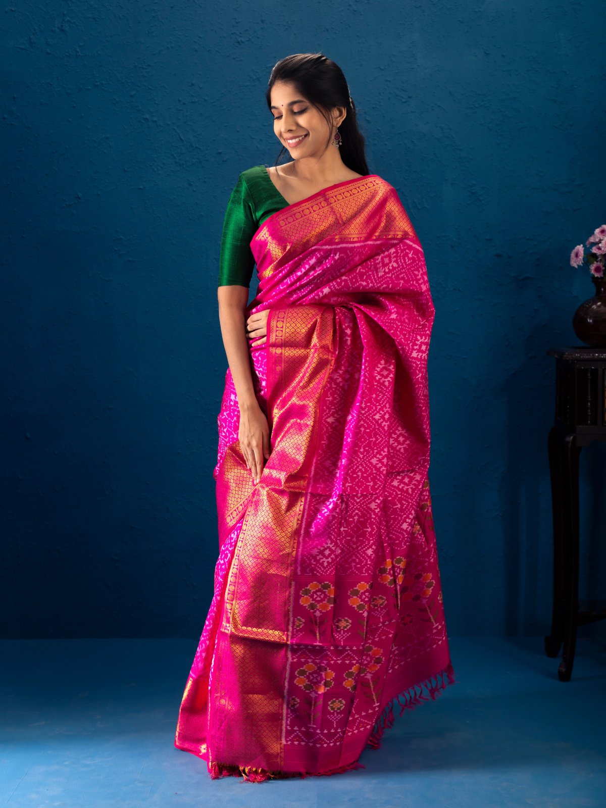 Pink Ikat Silk Saree with Zari Border