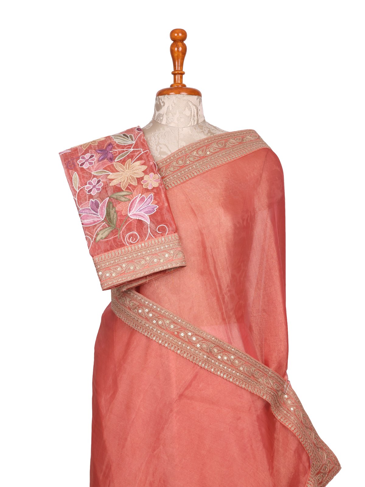 Peach Tissue Organza Silk Saree with Embroidered Blouse