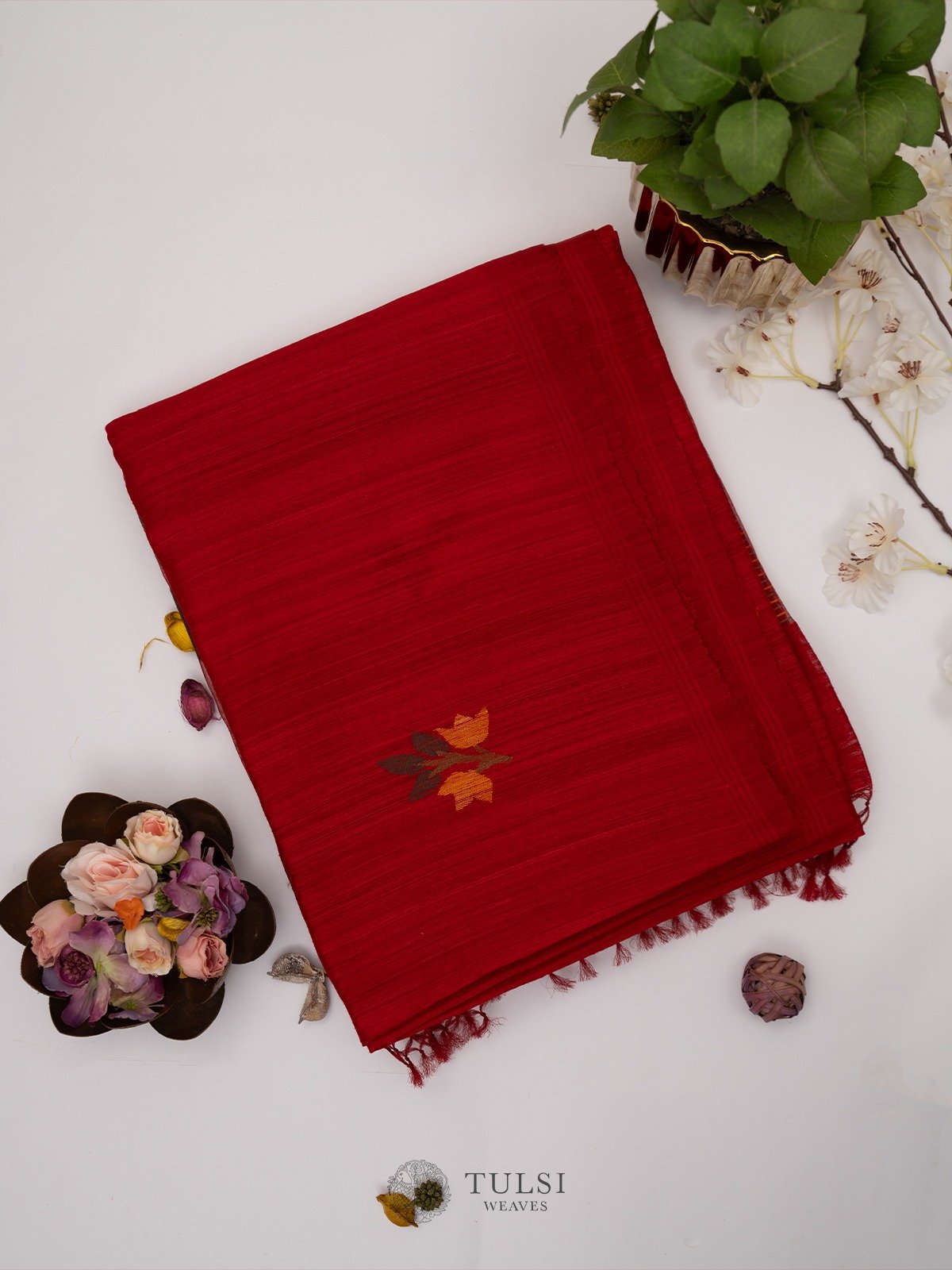 Red Tussar Jamdani Silk Saree