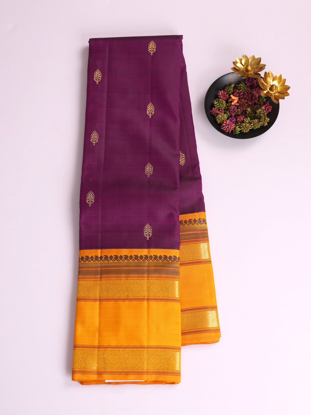 Purple Kanjeevaram Silk Saree With Mustard Yellow Border