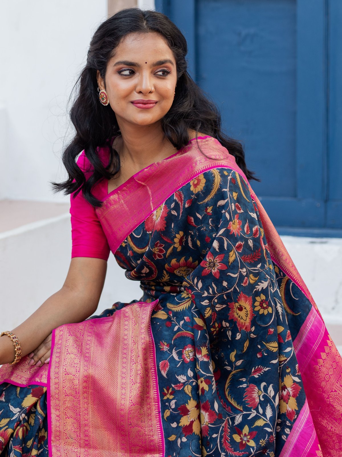 Pink - Srikalahasti Handpainted Natural Dyed Bangalore Silk Zari Border Pen Kalamkari Saree 05
