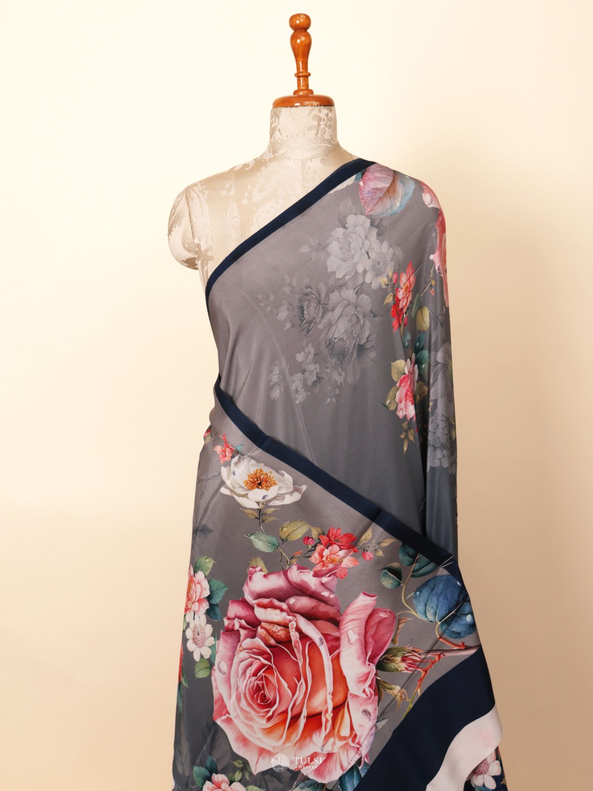 Grey Floral Printed Crepe Silk Saree