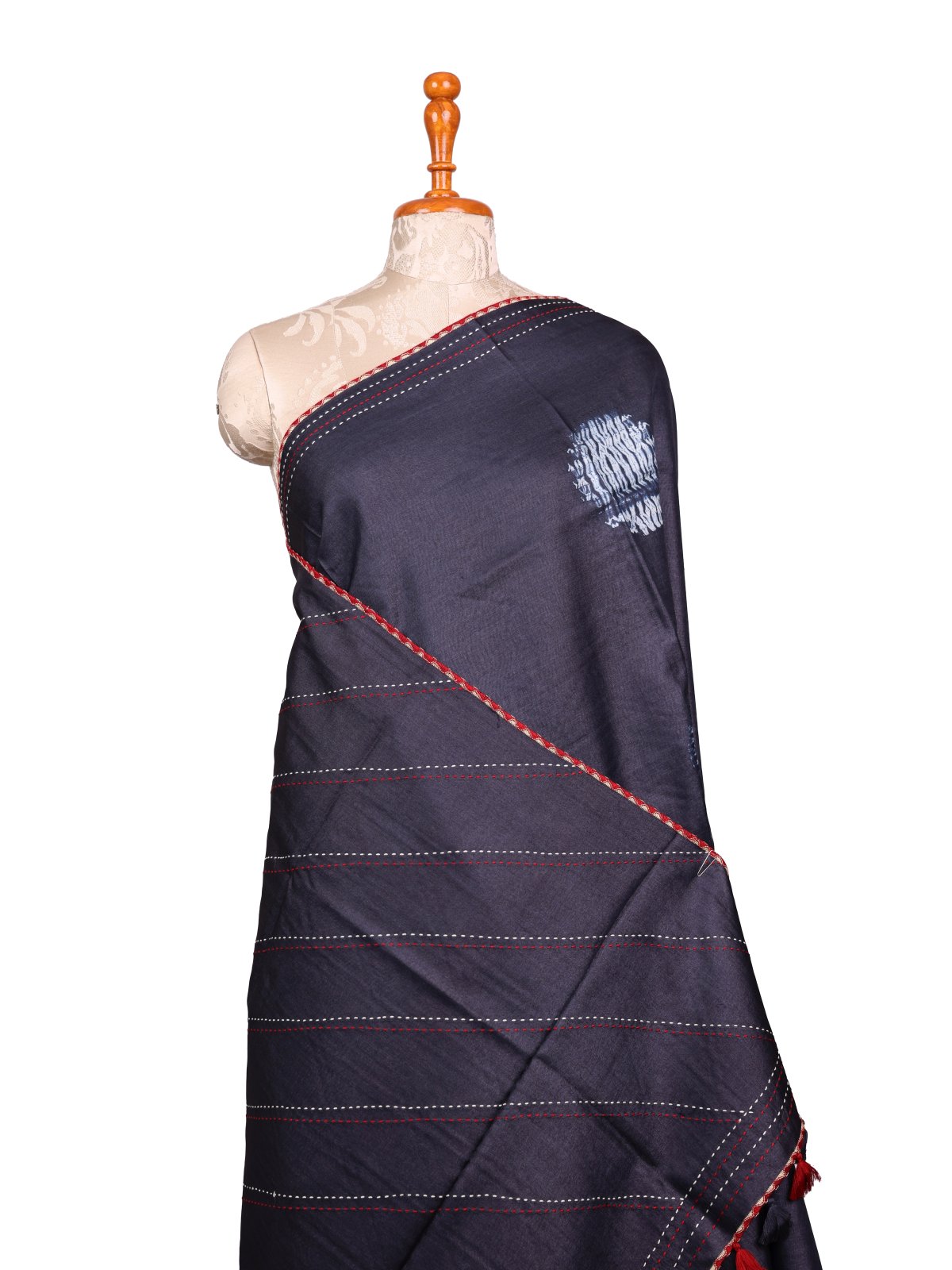 Dark Grey Shibori Tussar Silk Saree With Kantha Embroidery
