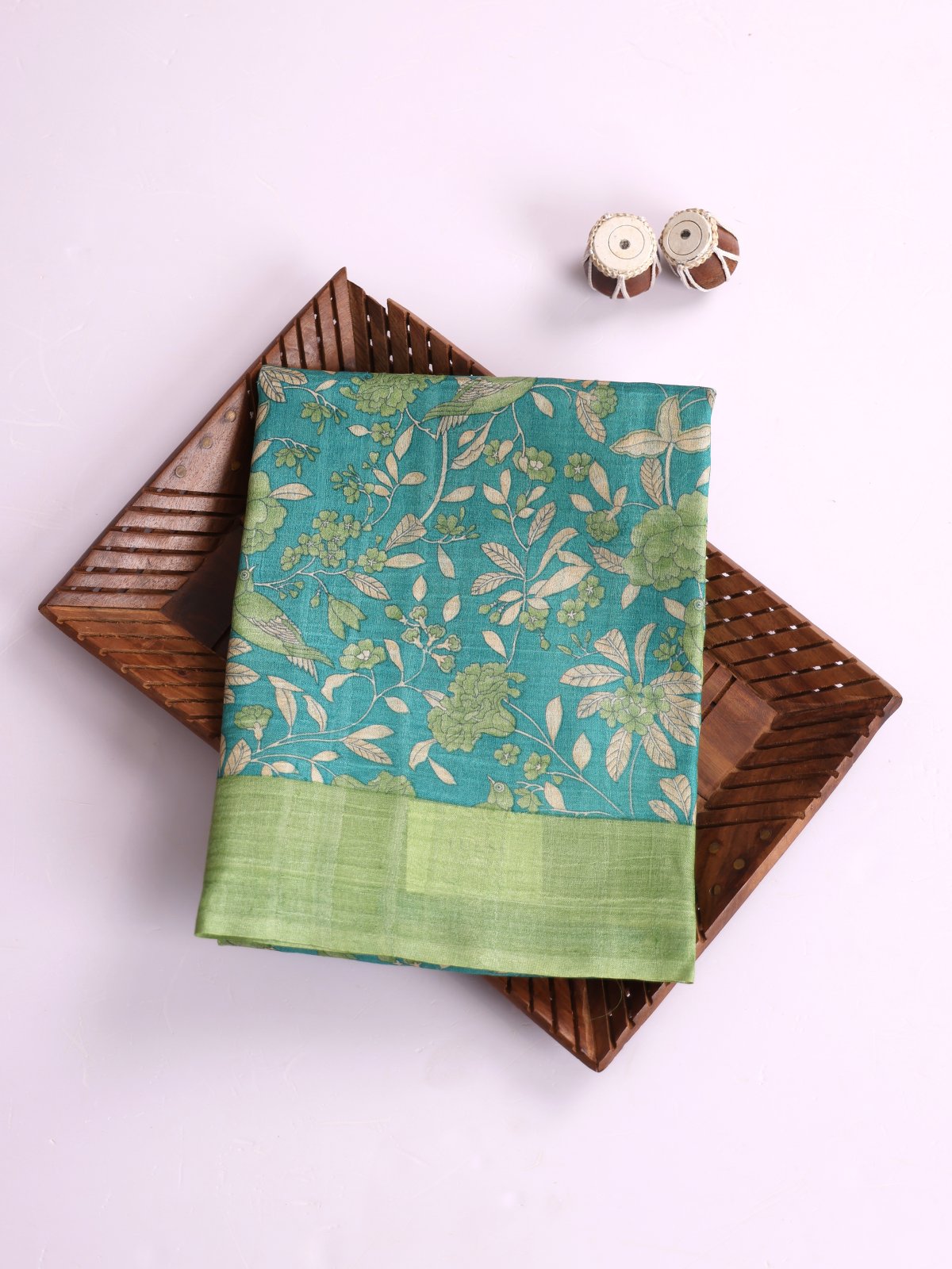 Greenish Blue Printed Tussar Silk Saree With Pastel Green Border