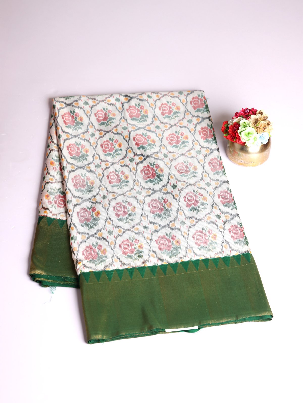 Off White Patola Silk Saree With Bottle Green Kanjeevaram Zari Border
