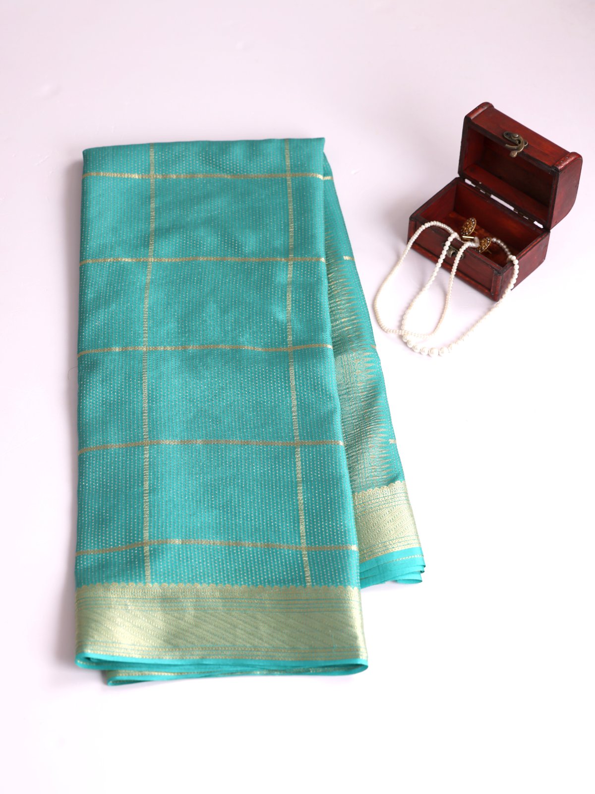 Turquoise Zari Checked Mysore Crepe Silk Saree