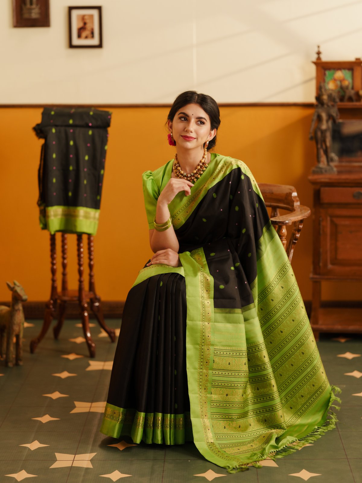 Black Kanjeevaram Silk Saree With Parrot Green Border