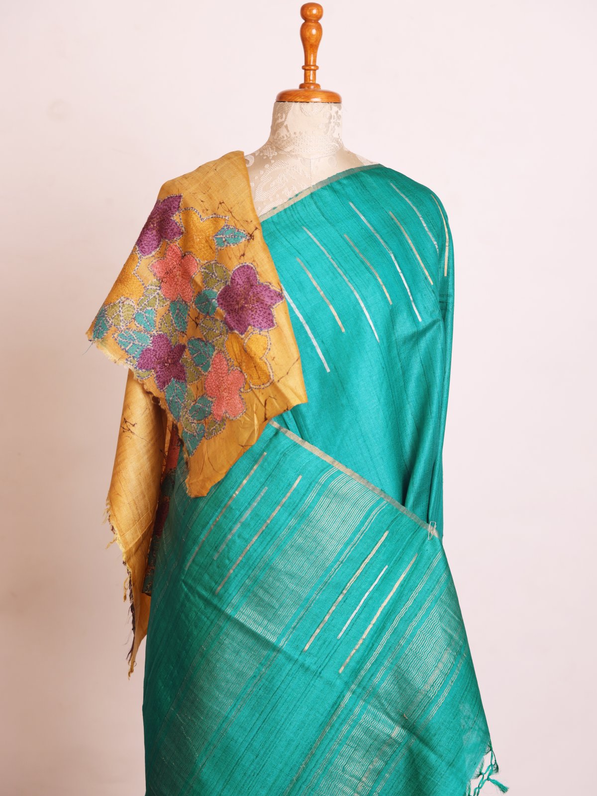 Teal Green Tussar Silk Saree With Embroidered Blouse