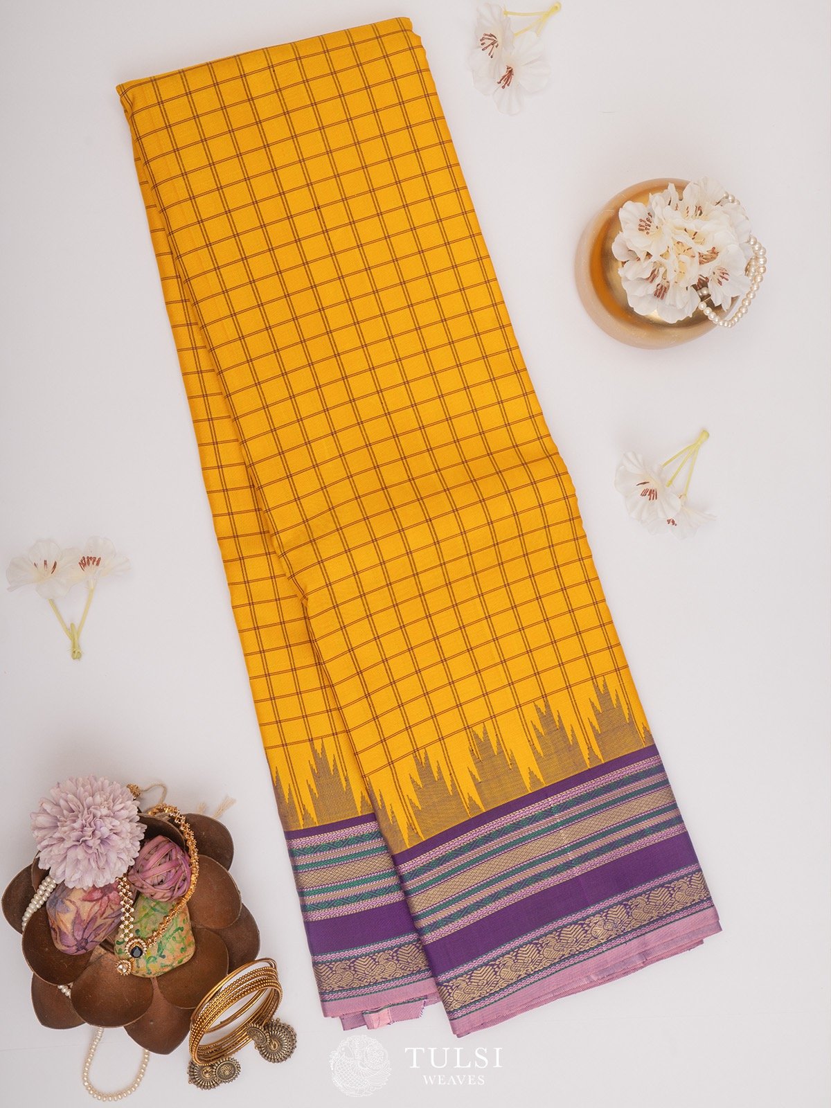 Yellow Kanjeevaram Pattu Pett Silk Saree