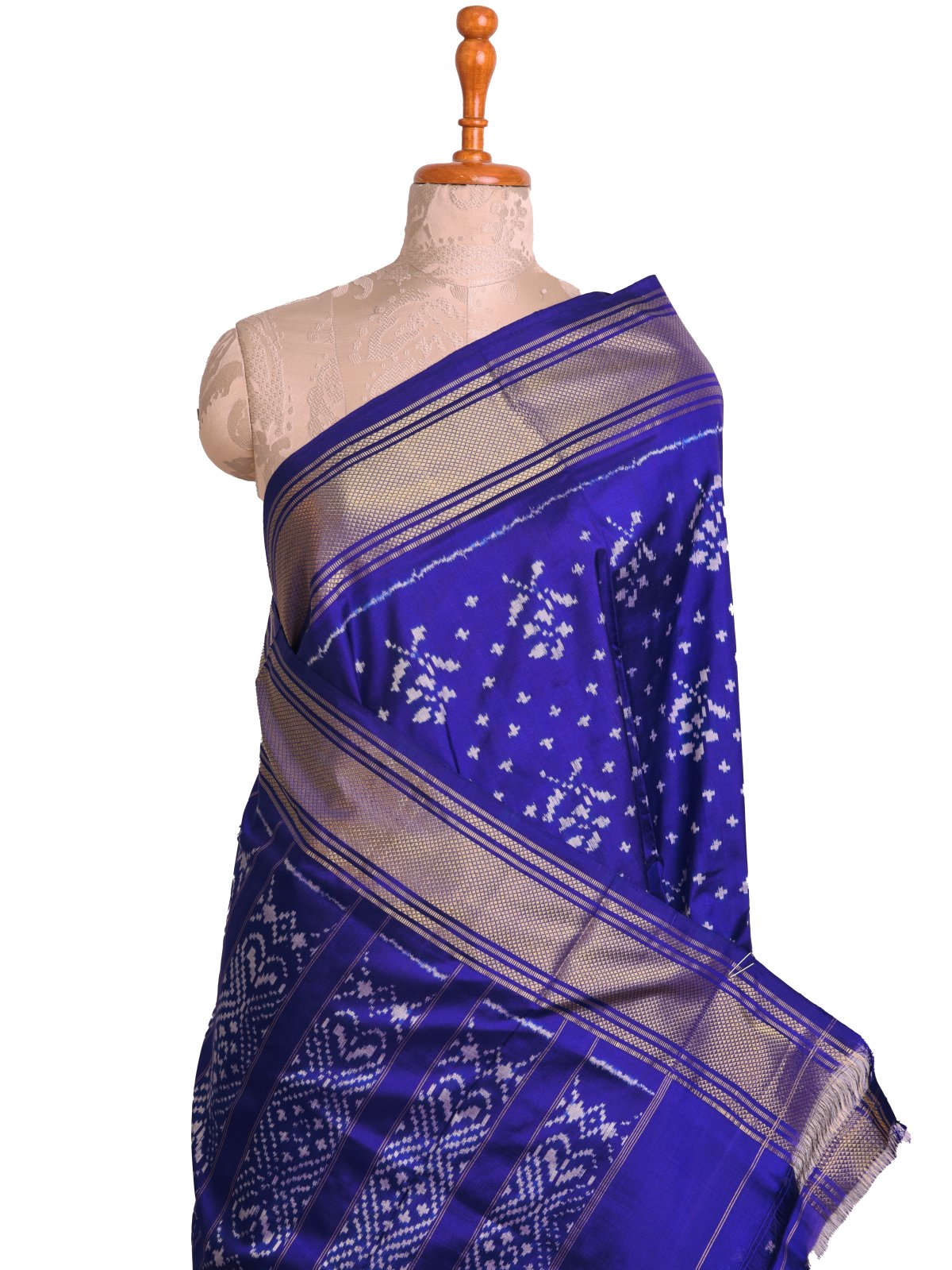 Royal Blue Ikat Silk Saree With Self Zari Border