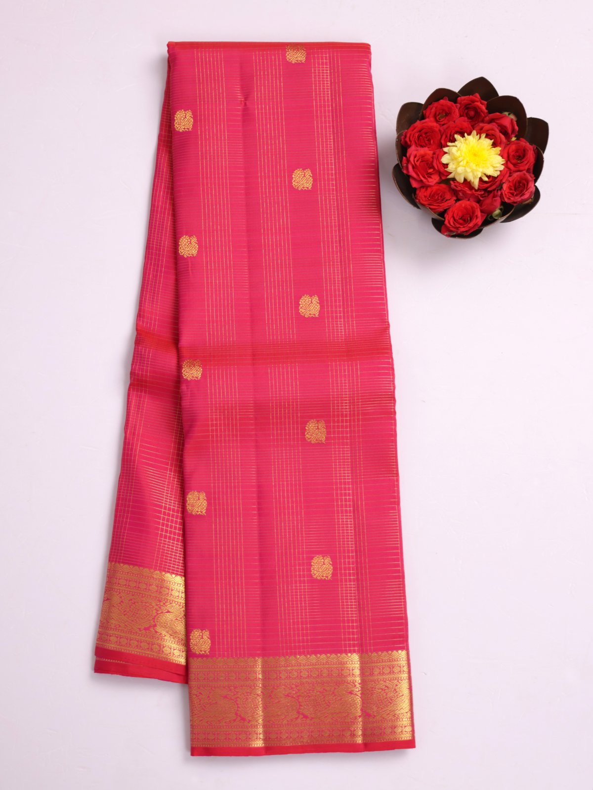 Orangish Pink Zari Checked Kanjeevaram Silk Saree With Zari Border