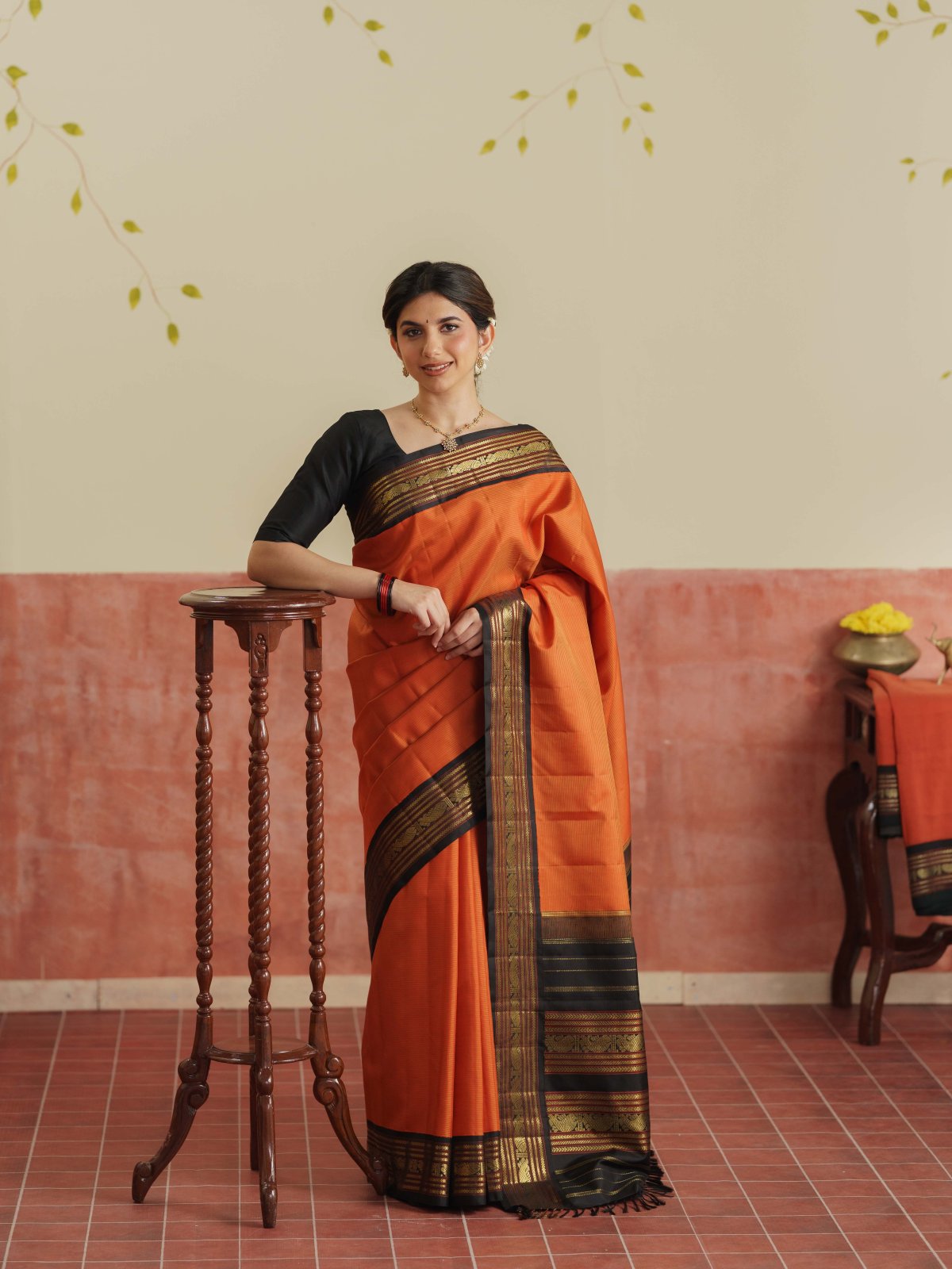 Vintage 95 - Rust Orange Striped Kanjeevaram Silk Saree With Black Border