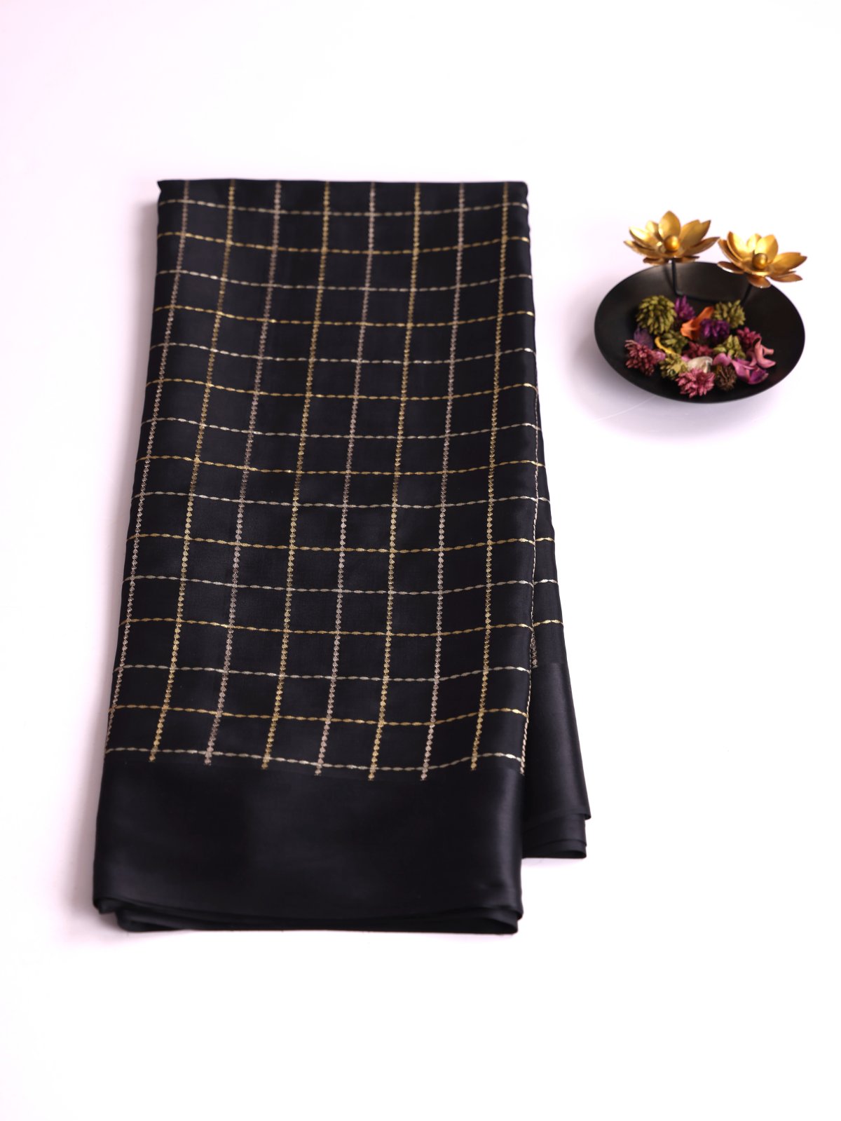 Black Zari Checked Mysore Silk Saree With Satin Border
