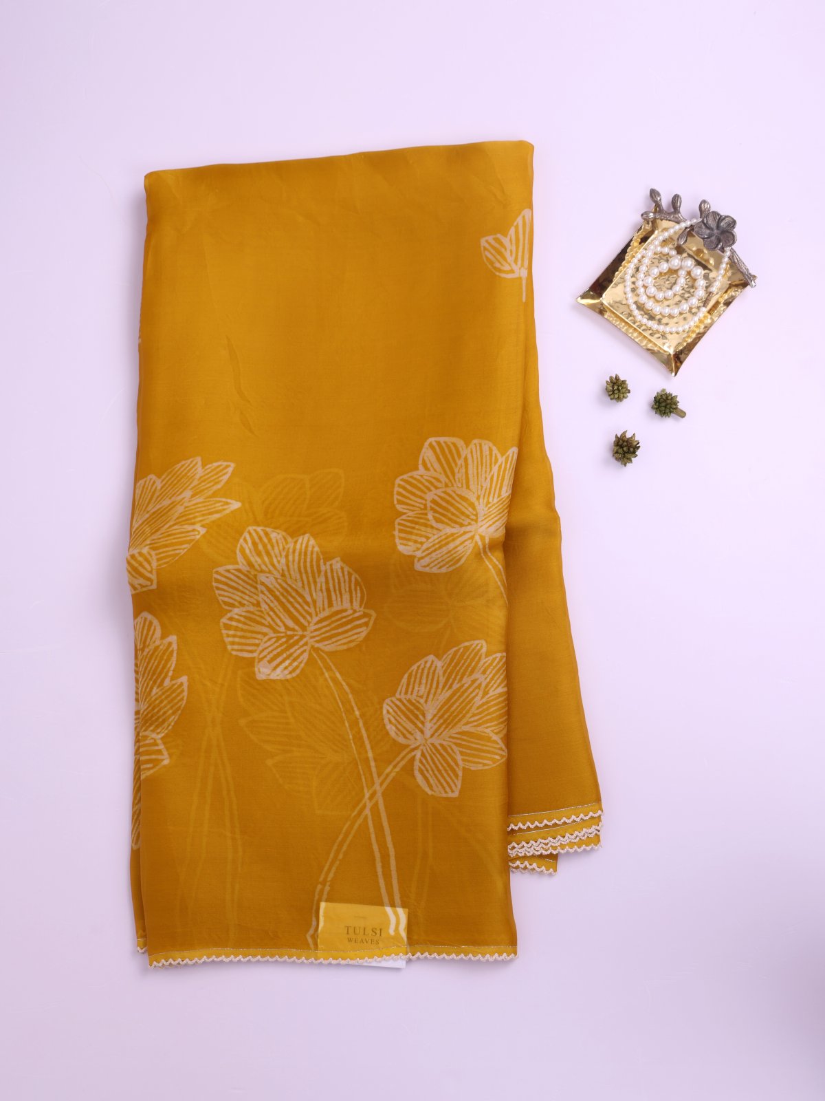 Mustard Yellow Printed Organza Silk Saree