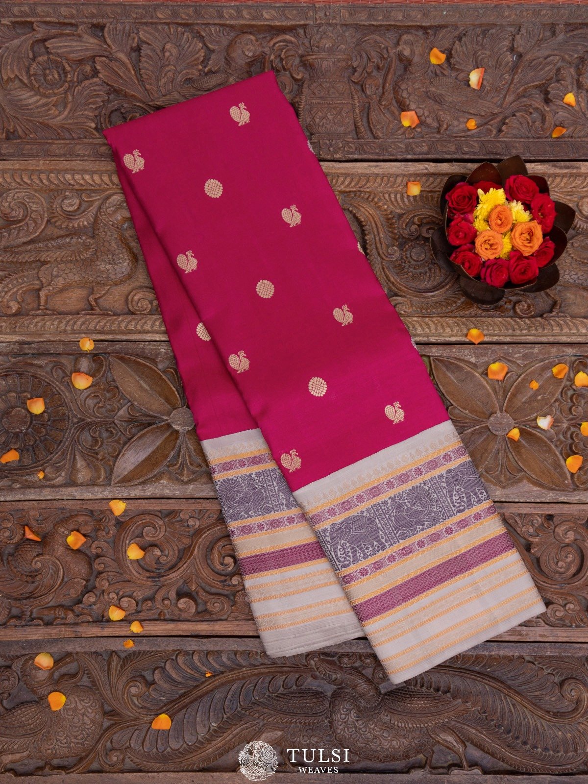 Rani Pink Kanjeevaram Pattu Pett Silk Saree