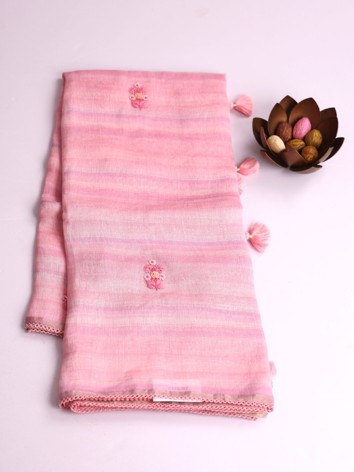 Peachy Pink Striped Linen Saree with Embroidery