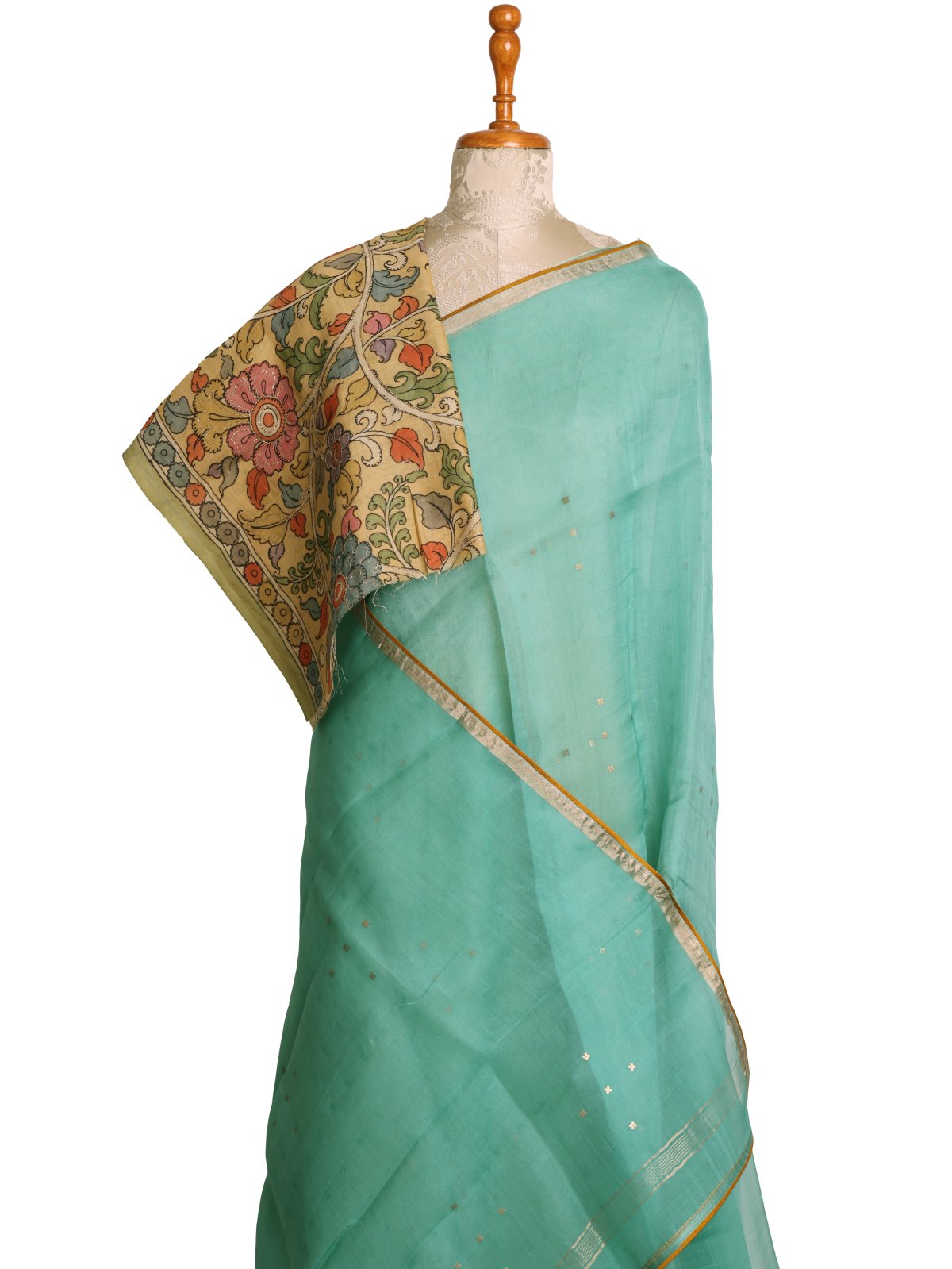 Light Aqua Blue Organza Saree With Kalamkari Blouse