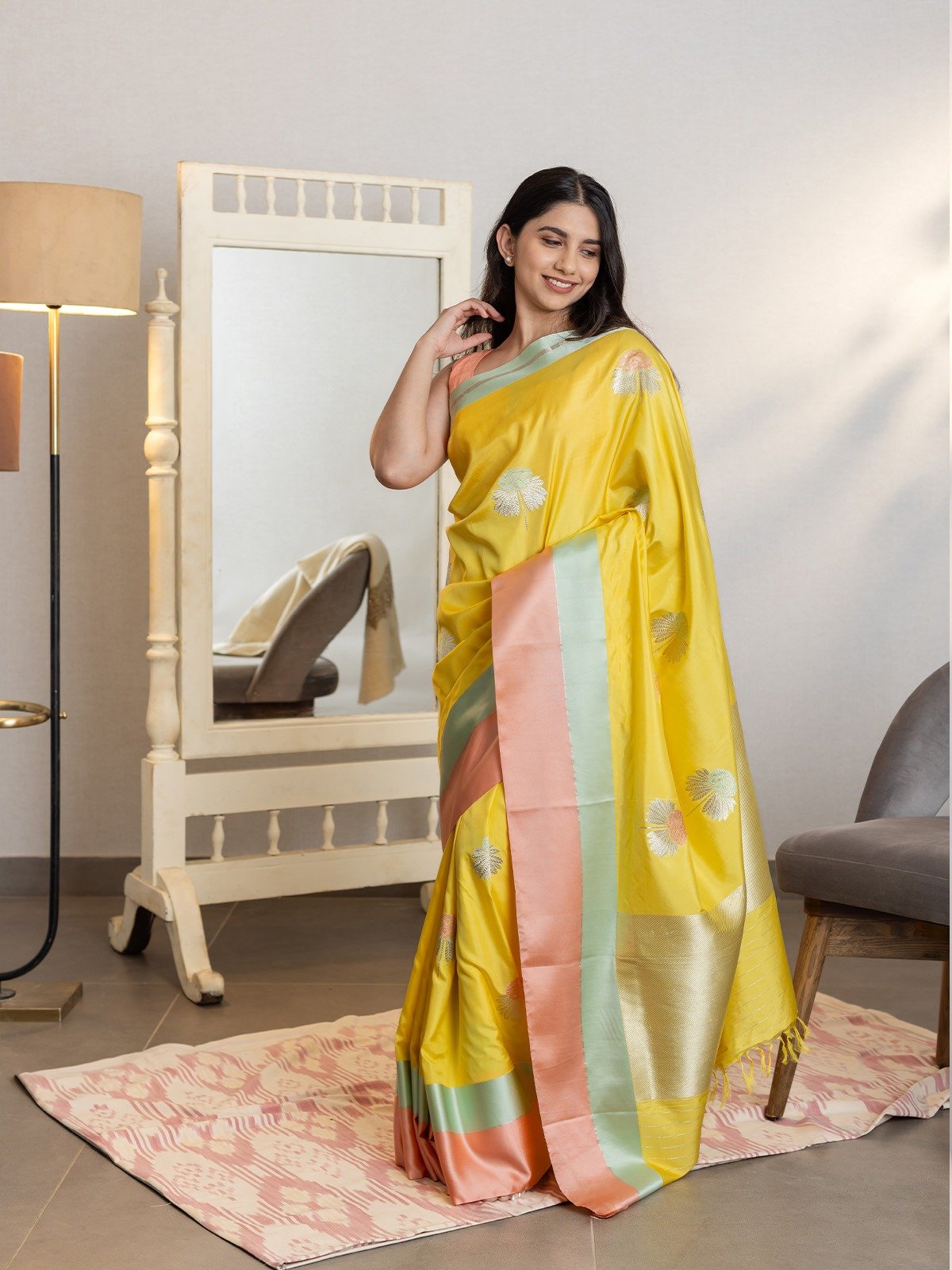 Yellow Mashru Silk saree with Striped border