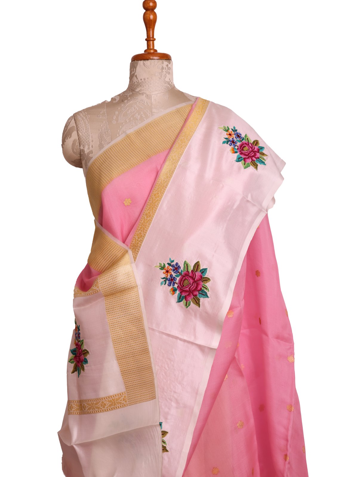 Light Pink Banaras Organza Saree With Off White Silk Border