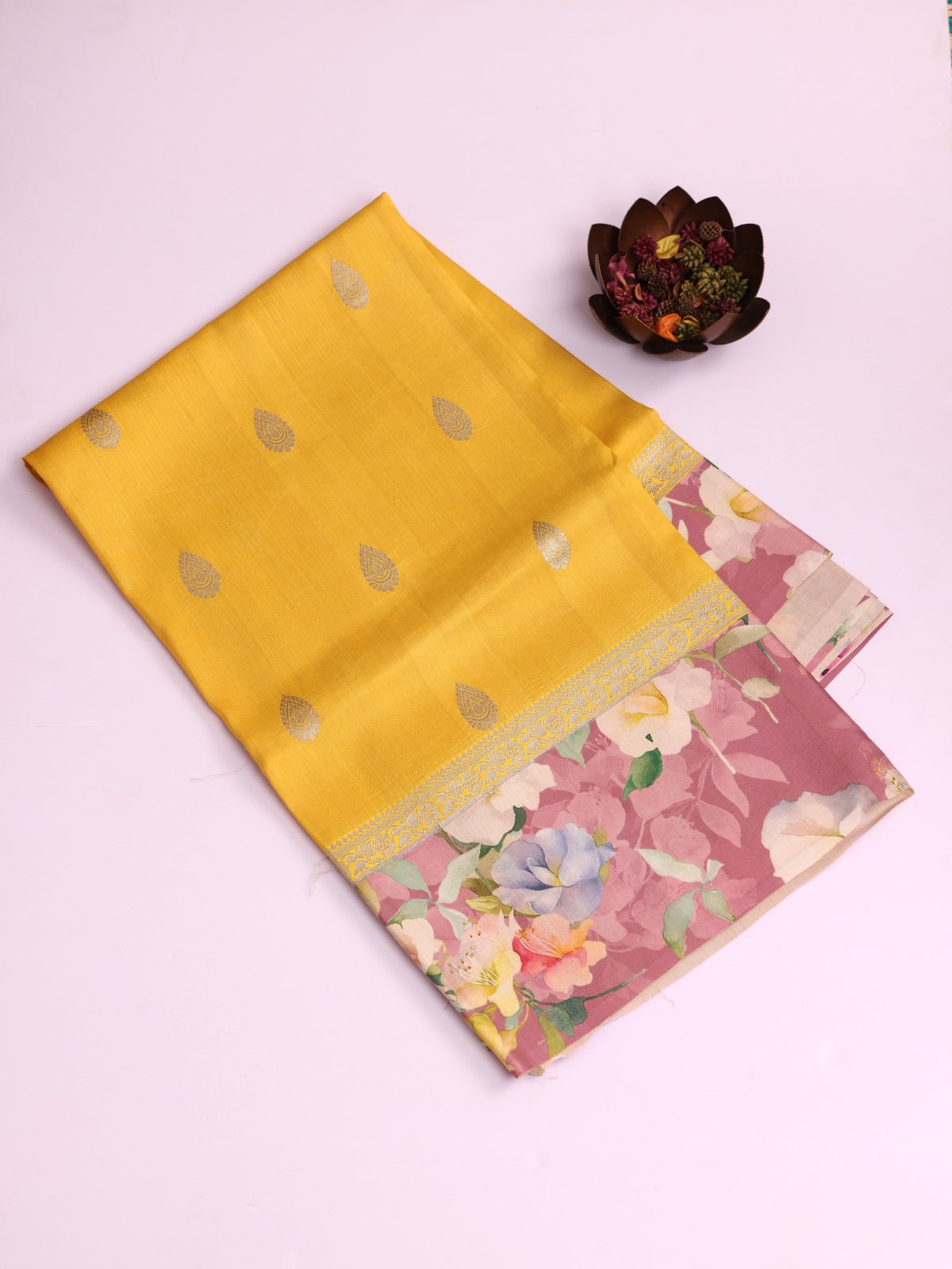 Yellow Banaras Tussar Georgette Silk Saree With Printed Dusty Pink Border