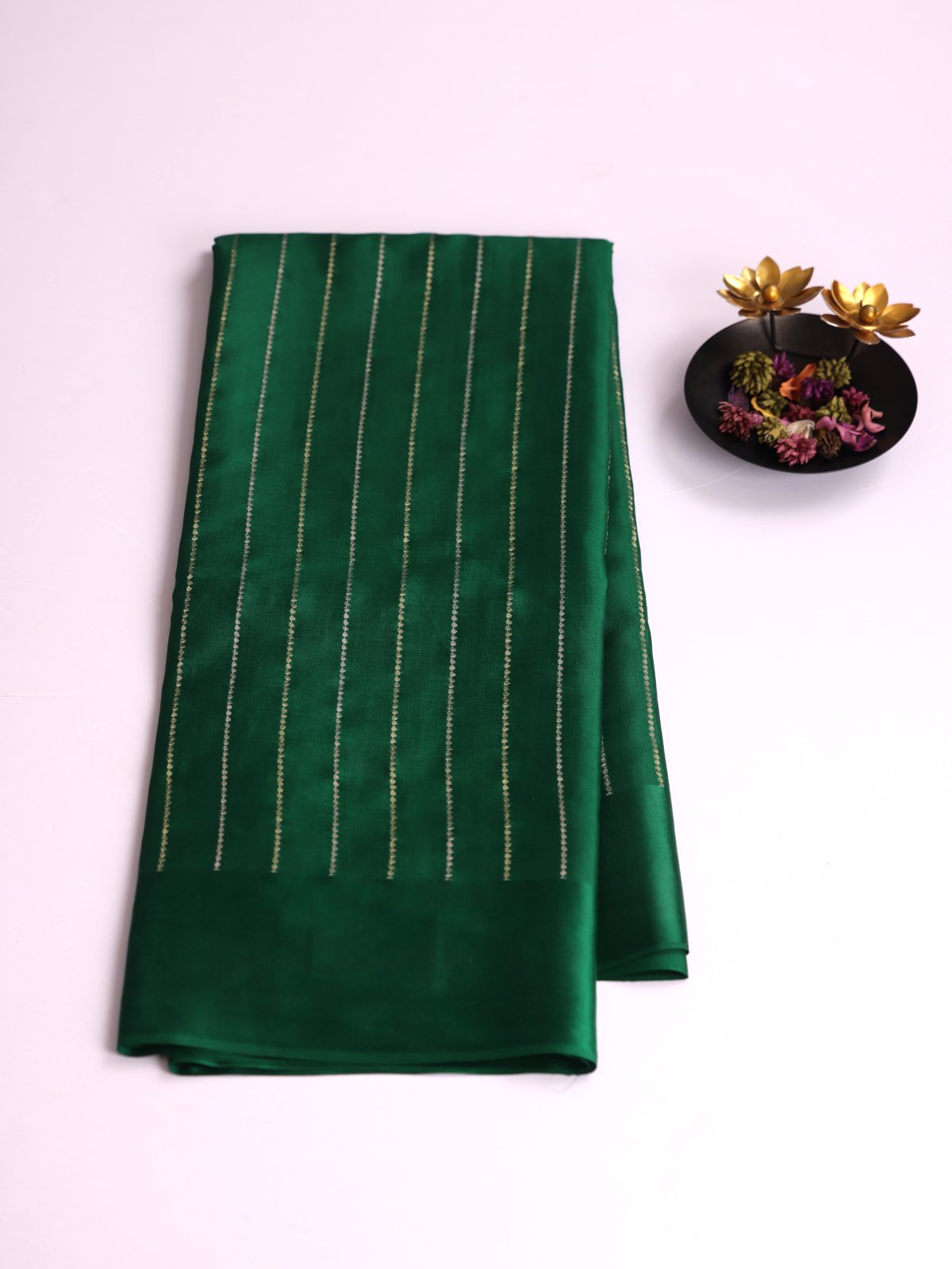 Bottle Green Zari Striped Mysore Silk Saree With Satin Border