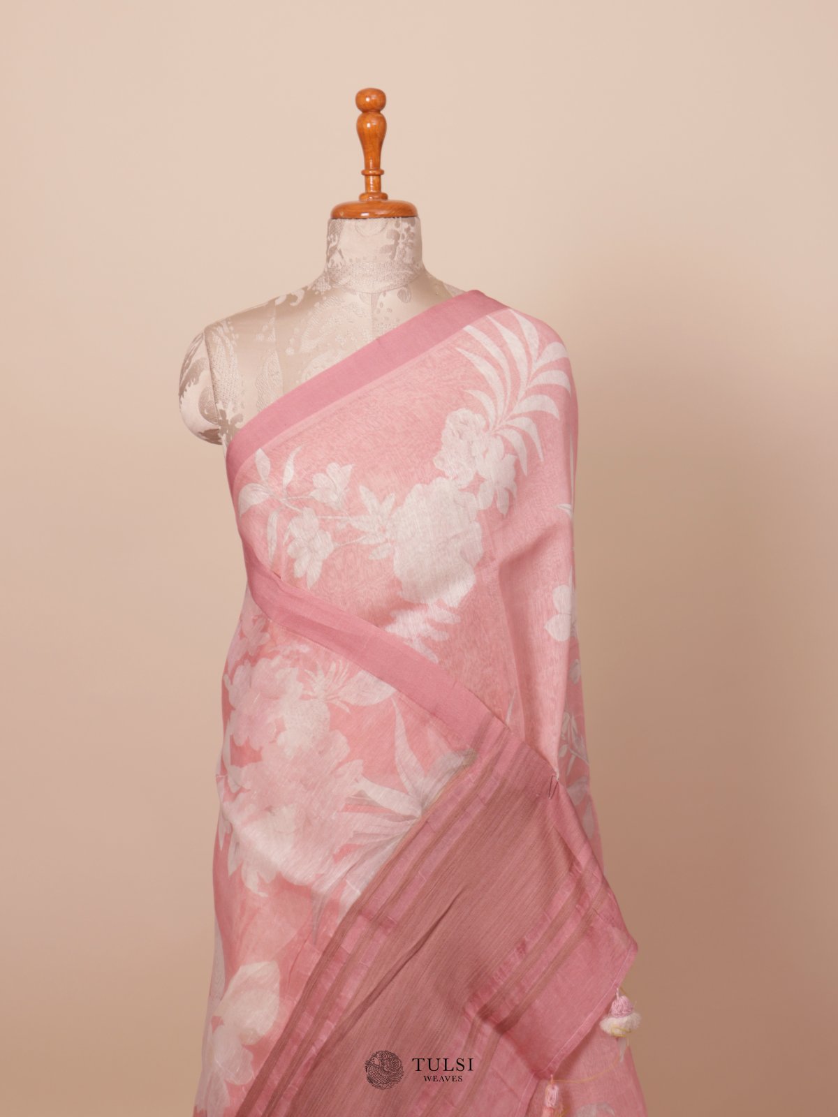 Pink Printed Linen Saree