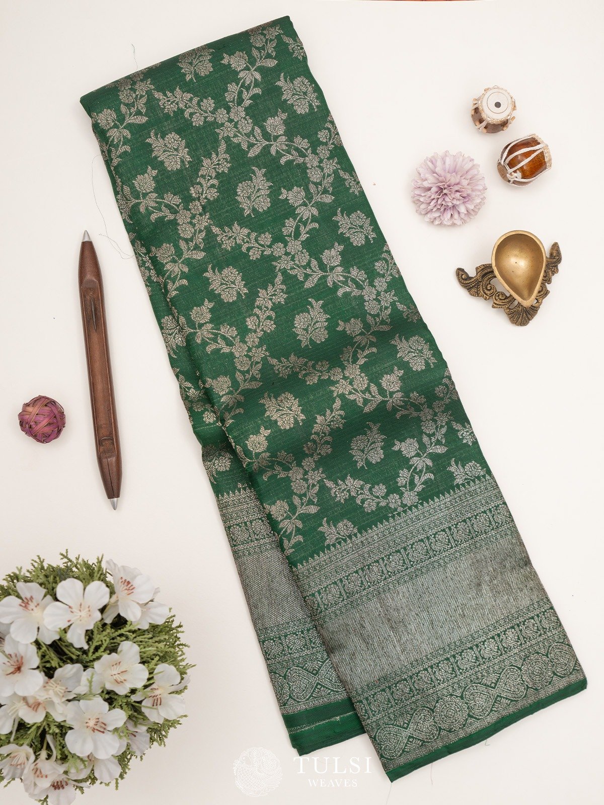 Dark Green Kanjeevaram Silk Saree with Antique Zari