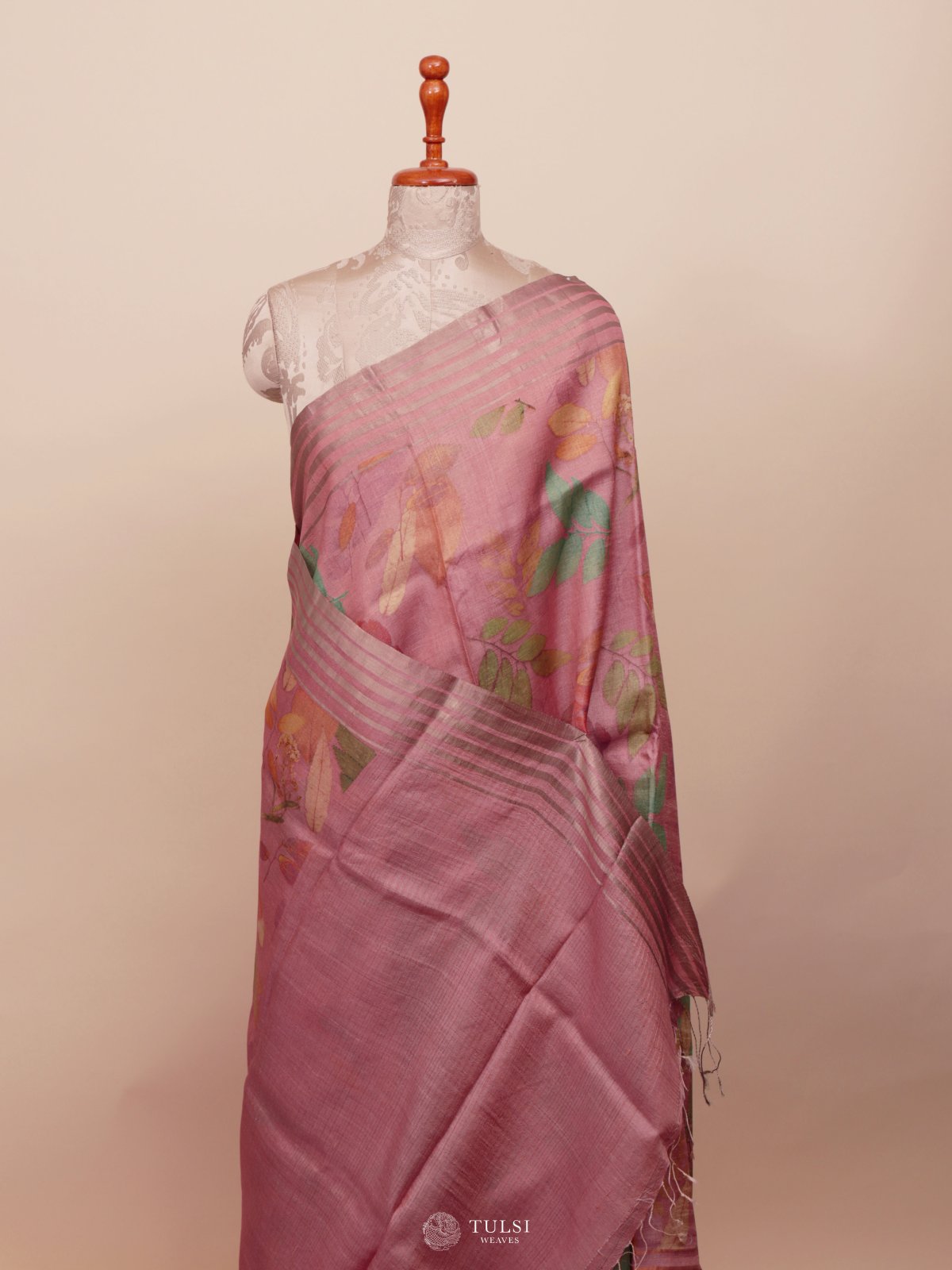 Pastel Pink Printed Tussar Silk Saree