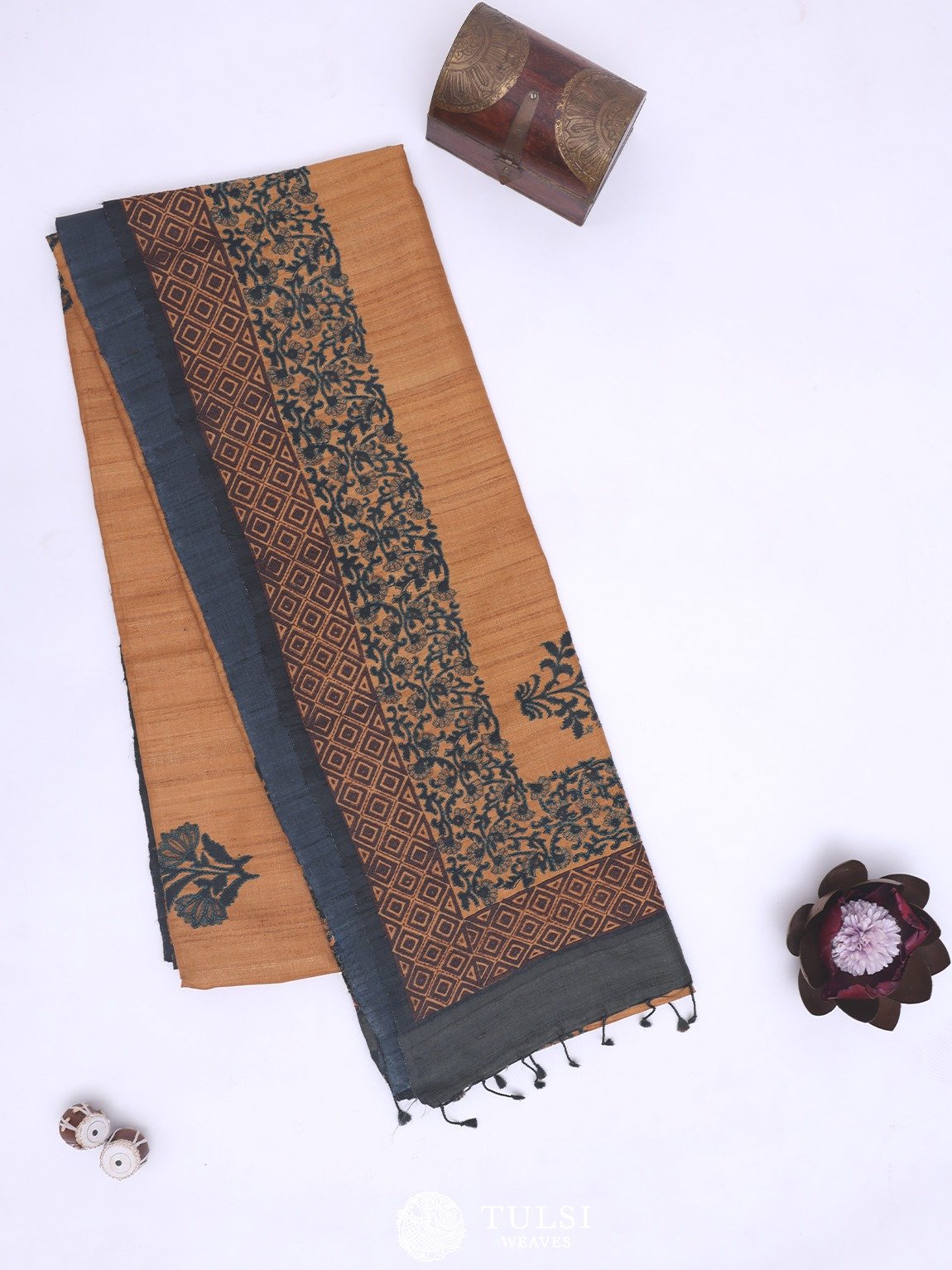 Mustard Tussar Silk Saree with Kantha Embroidery