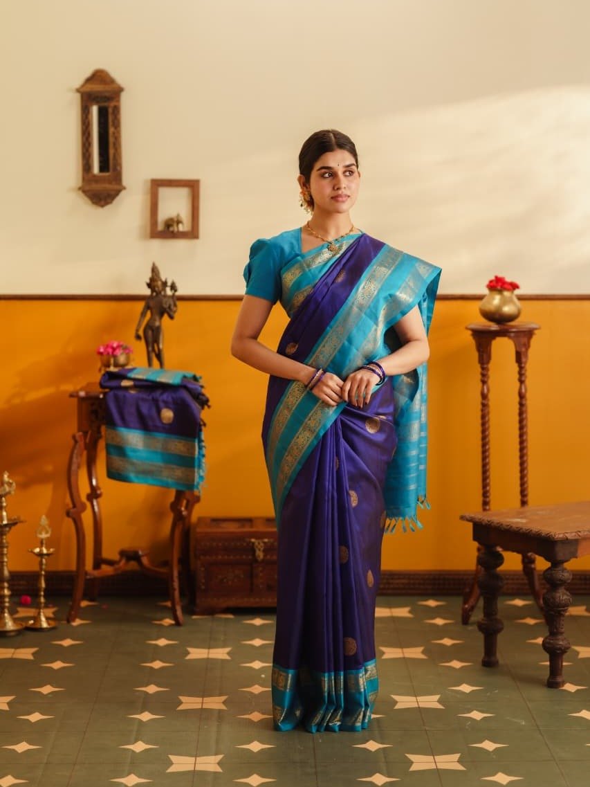 Dark Blue Kanjeevaram Silk Saree With Ananda blue Border