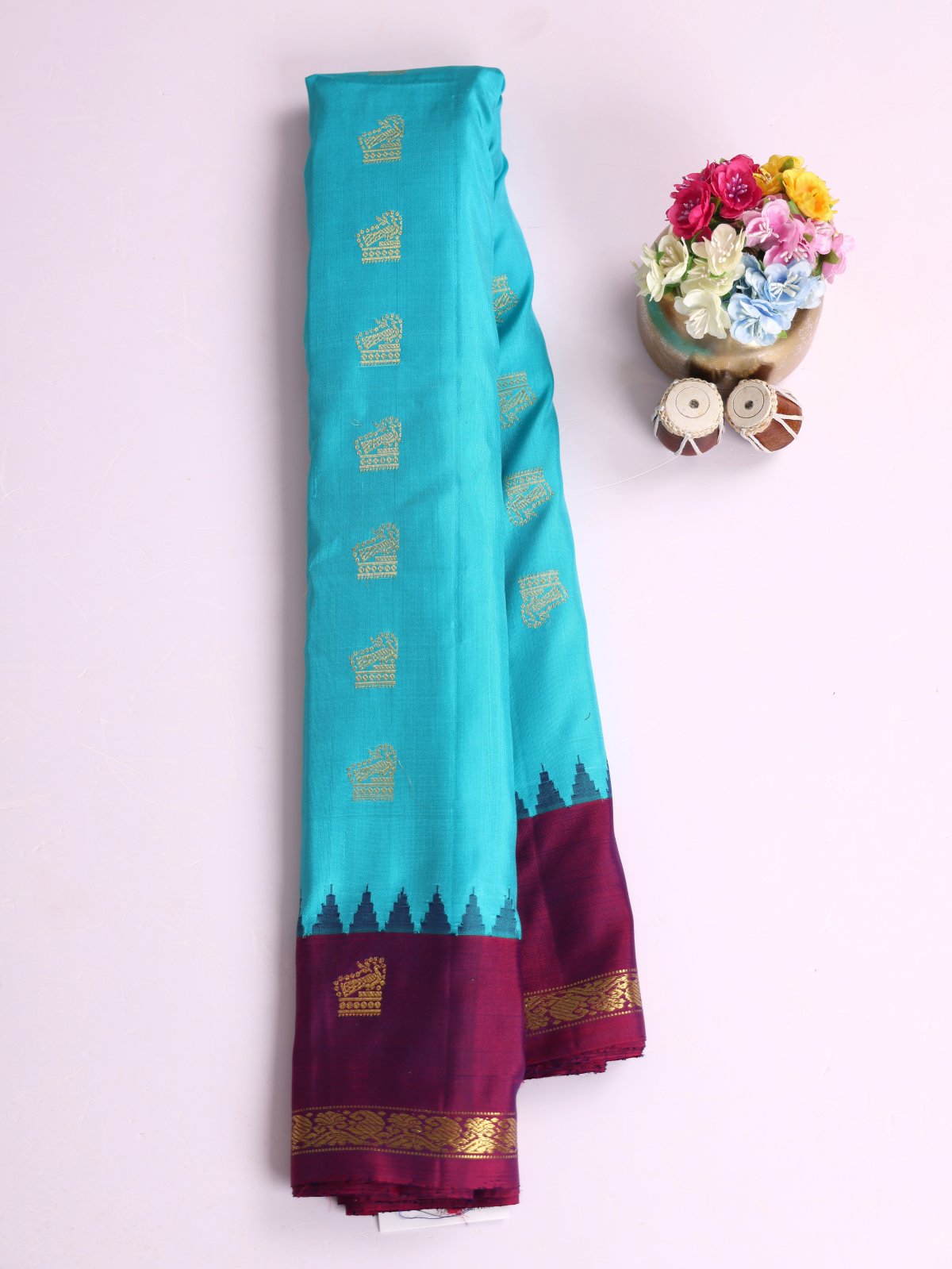 Aqua Blue Gadwal Silk Saree With Wine Border