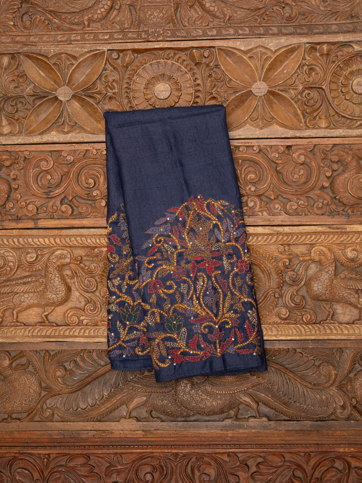 Navy Blue Tussar Silk Blouse With Kantha Embroidery