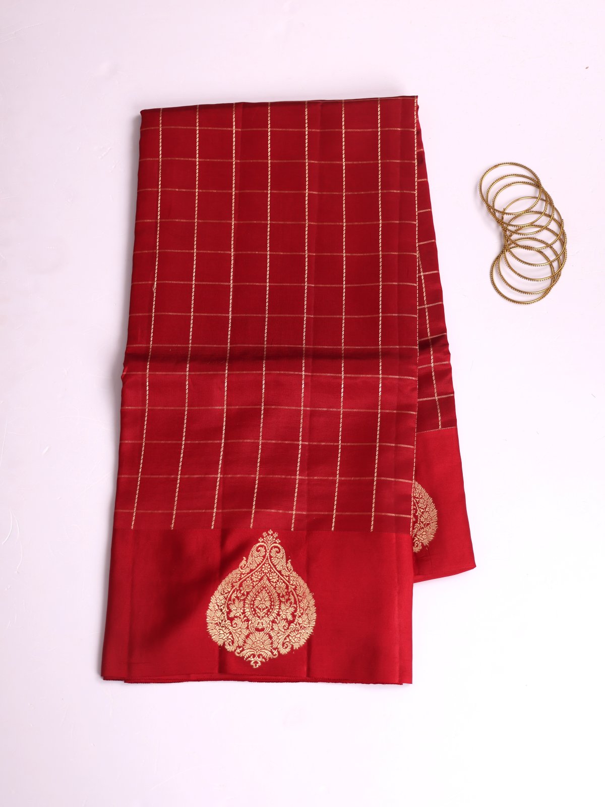 Red Zari Checked Mashru Silk Saree With Satin Border