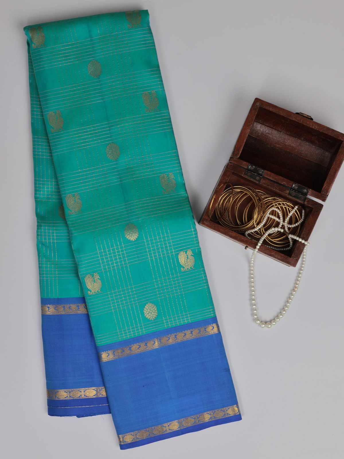 Blue Green Zari Checked Kanjeevaram Silk Saree