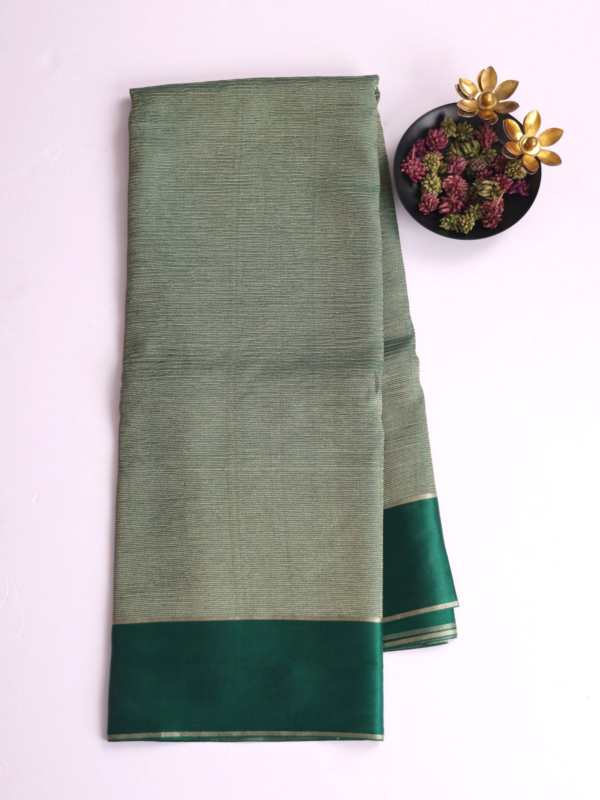 Bottle Green Zari Striped Mysore Silk Saree With Satin Border