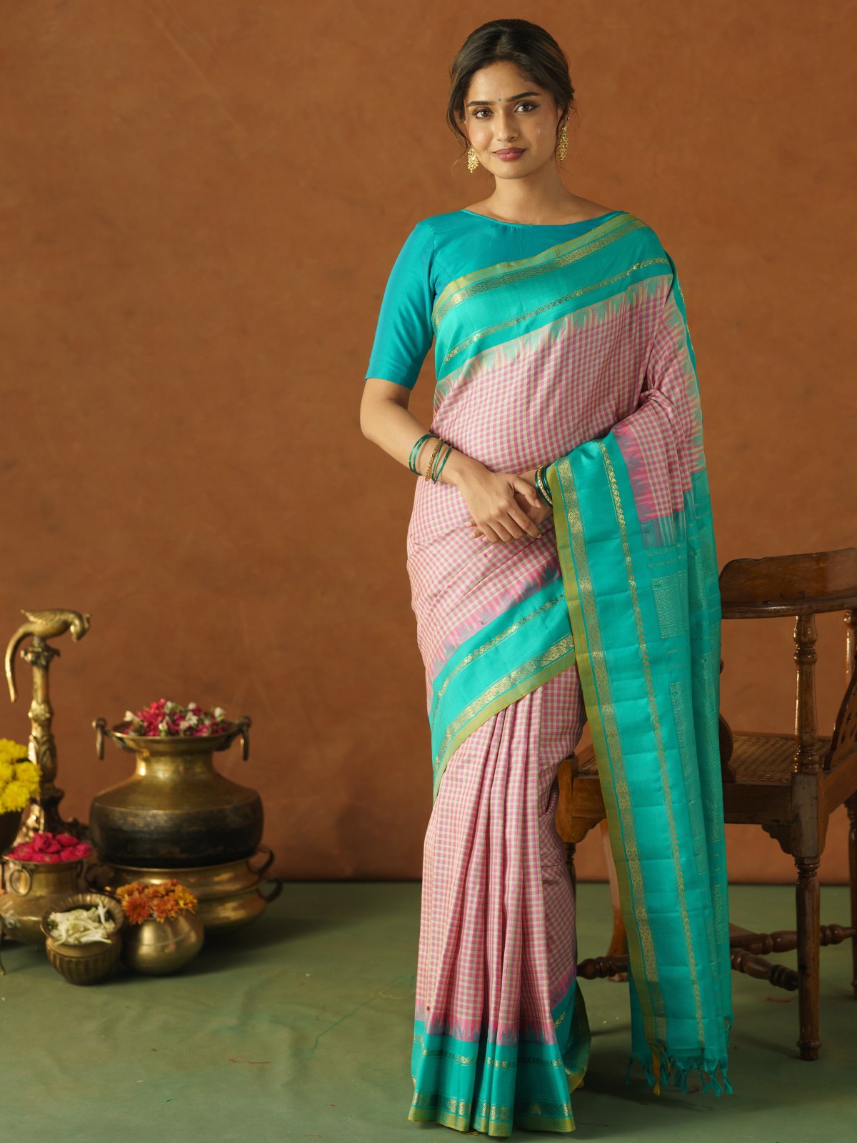 Multi Colour Checked Gadwal Silk Saree With Teal Blue Border