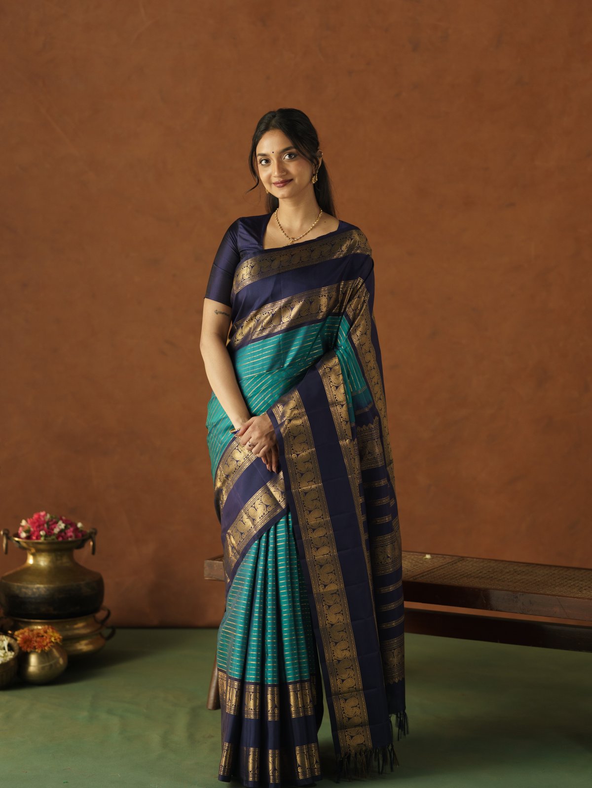 Teal Blue Checked Kanjeevaram Silk Sarees With Navy Blue Border