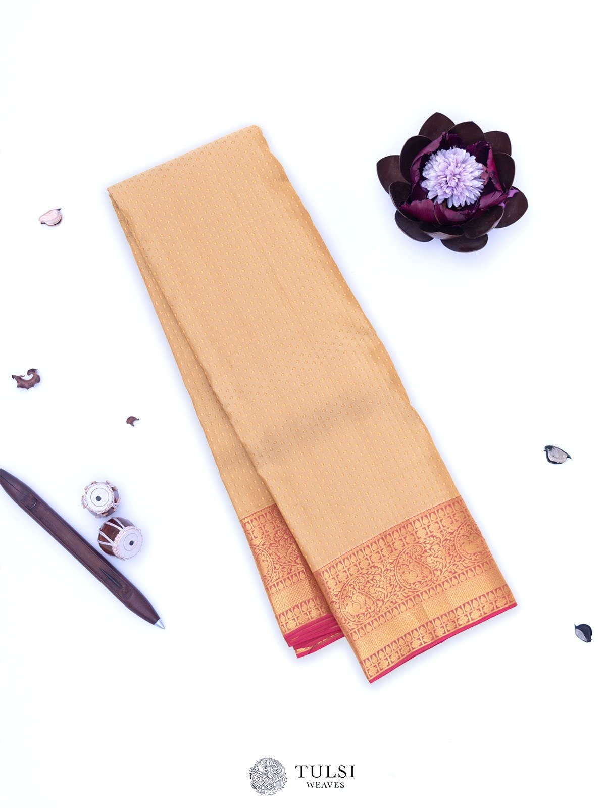 Light Beige Kanjeevaram Silk Saree with Peach Korvai Border