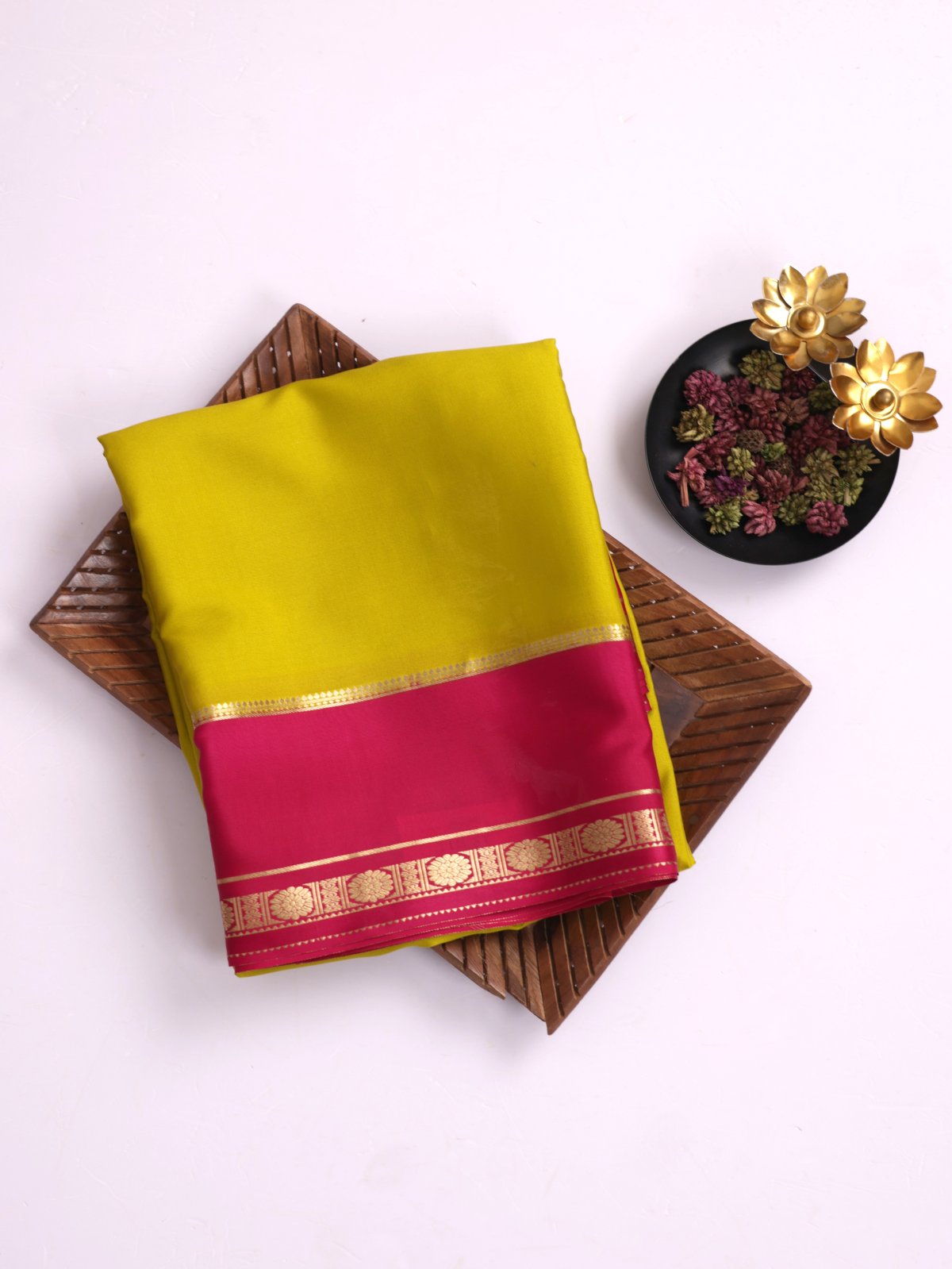 Greenish Yellow Mysore Crepe Silk Saree With Rani Pink Border 