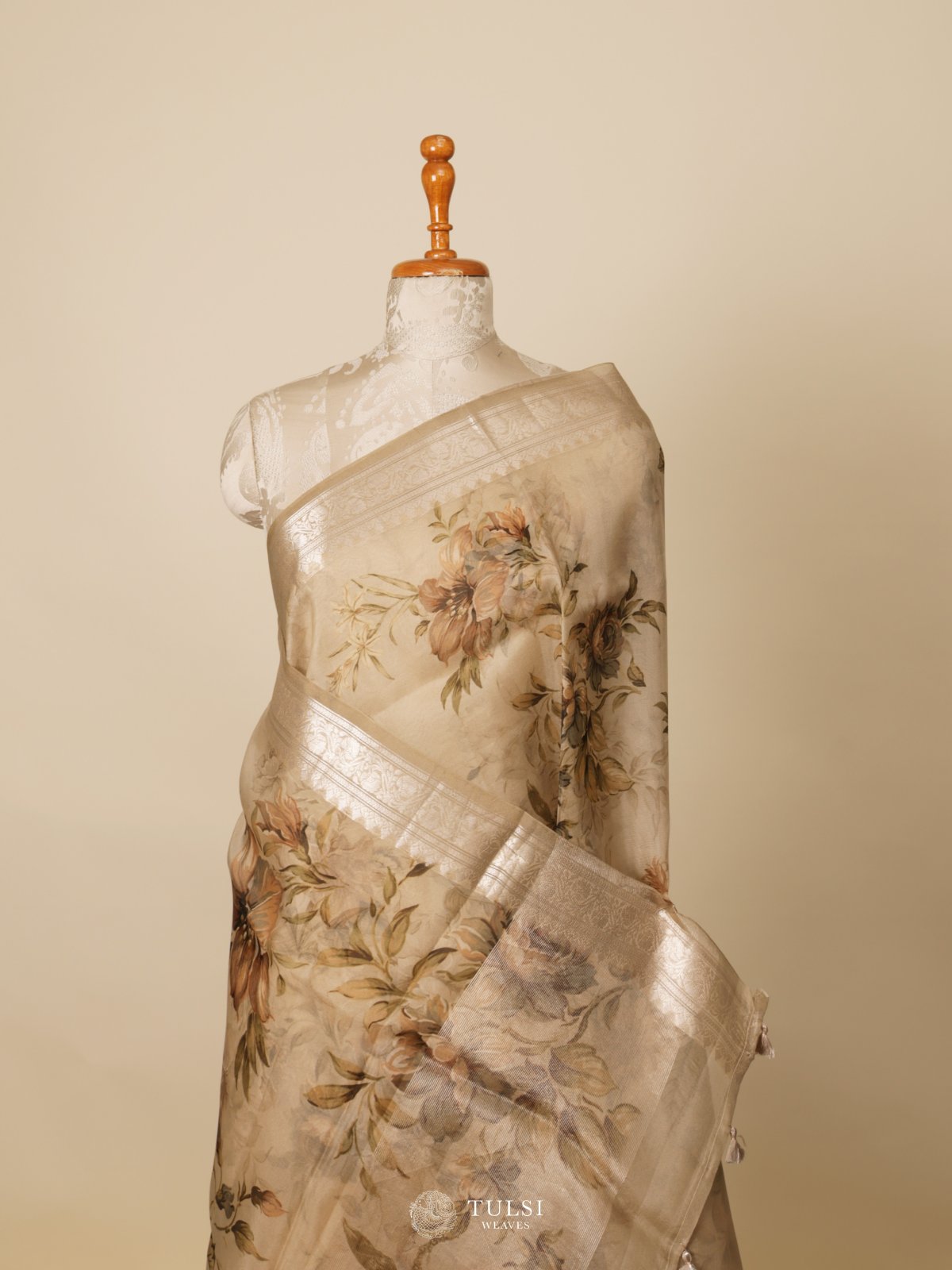 Light Brown Floral Printed Organza Silk Saree