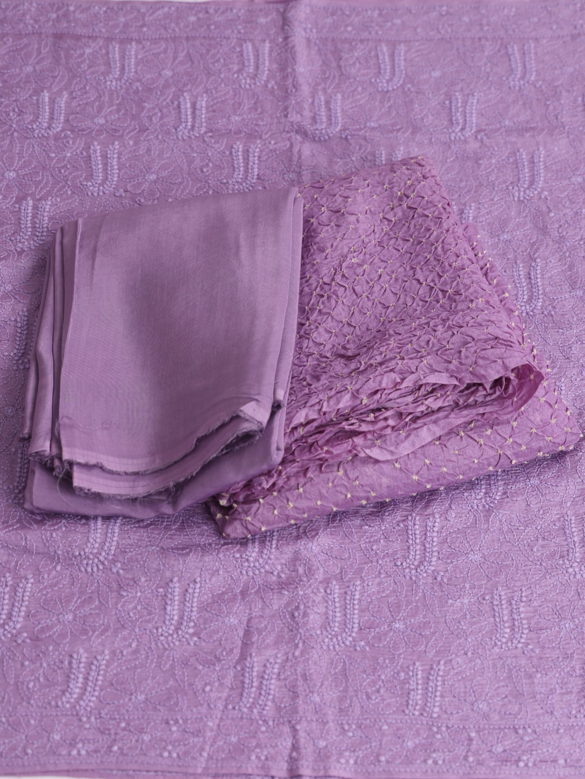 Lavender Bandhini Salwar Material With Embroidered Dupatta