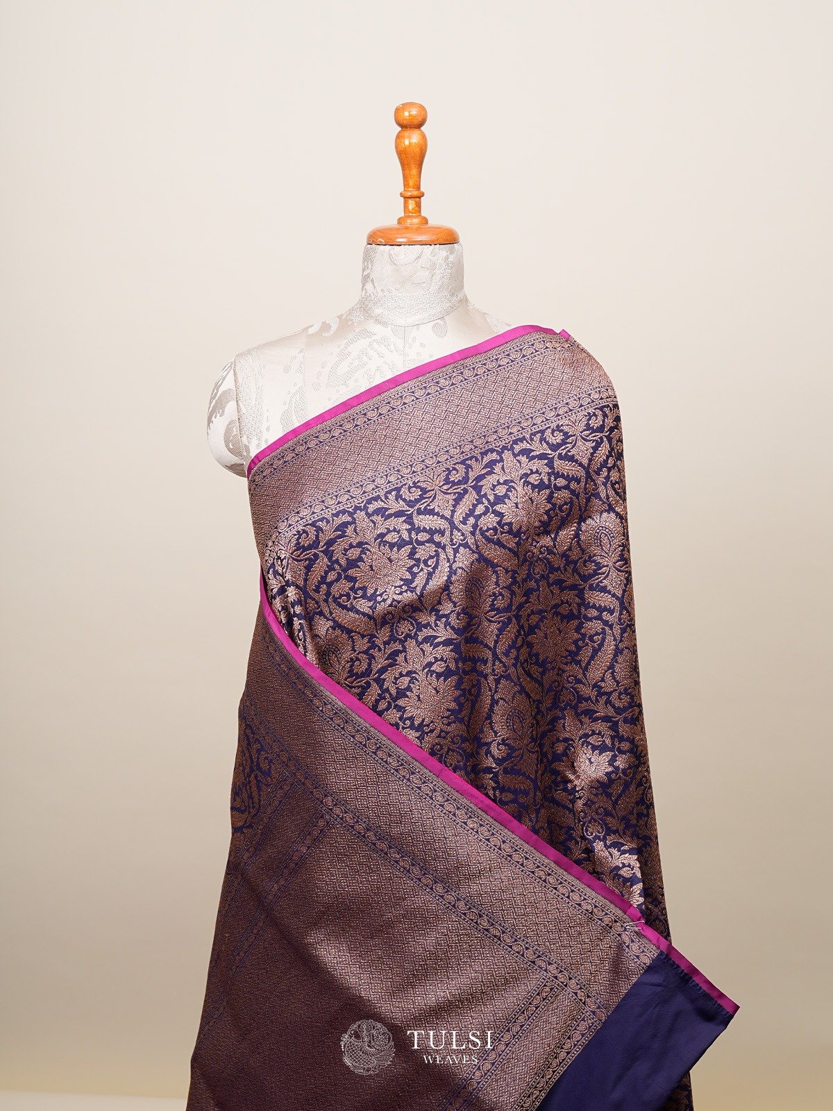 Navy Blue Banarasi Silk Saree with Self Zari Border