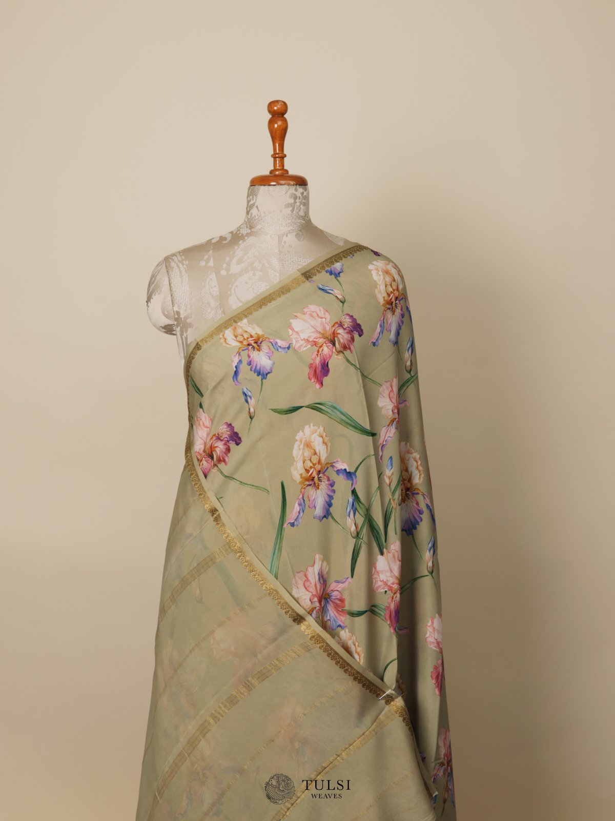 Light khaki Floral Printed Crepe Silk Saree