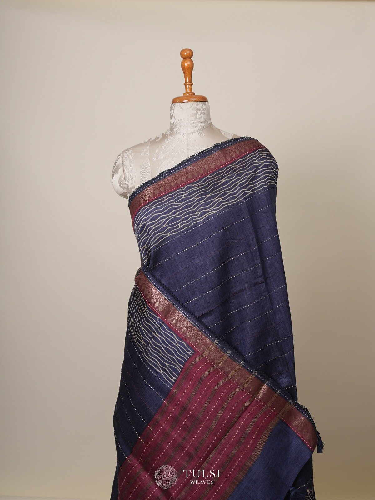 Dark Blue Printed Tussar Silk Saree